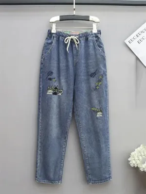 Women's Balloon Jeans with Cute Embroidery & Drawstring — view 2