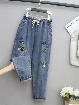 Women's Balloon Jeans with Cute Embroidery & Drawstring — view 5