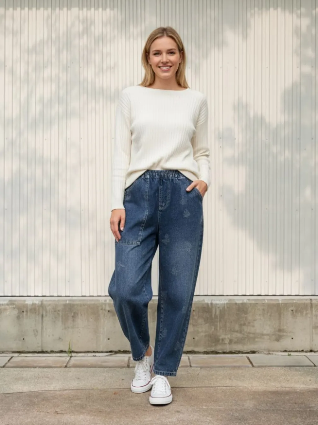 Women's Balloon Jeans with Elastic Waist & Butterfly Motifs