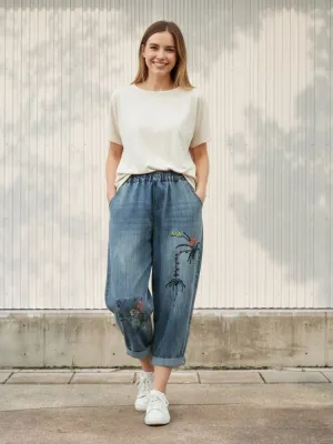 Women's Balloon Jeans with Floral Embroidery & Elastic Waist — view 1