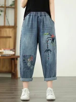 Women's Balloon Jeans with Floral Embroidery & Elastic Waist — view 2
