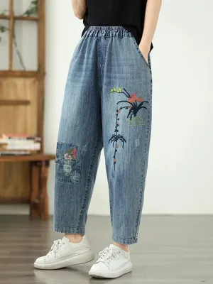 Women's Balloon Jeans with Floral Embroidery & Elastic Waist — view 3