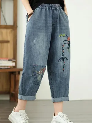Women's Balloon Jeans with Floral Embroidery & Elastic Waist — view 5