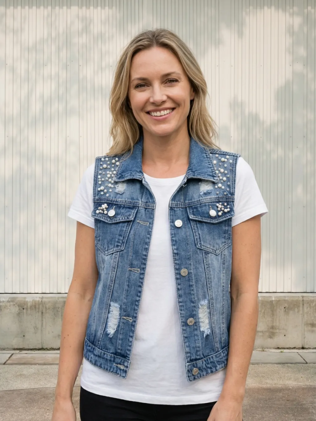 Women's Beaded Washed Blue Denim Waistcoat