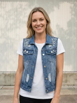 Women's Beaded Washed Blue Denim Waistcoat — view 1