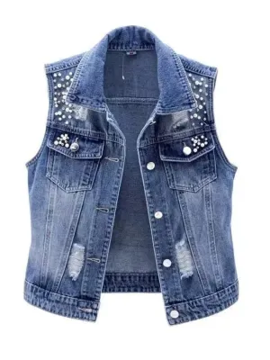 Women's Beaded Washed Blue Denim Waistcoat — view 2