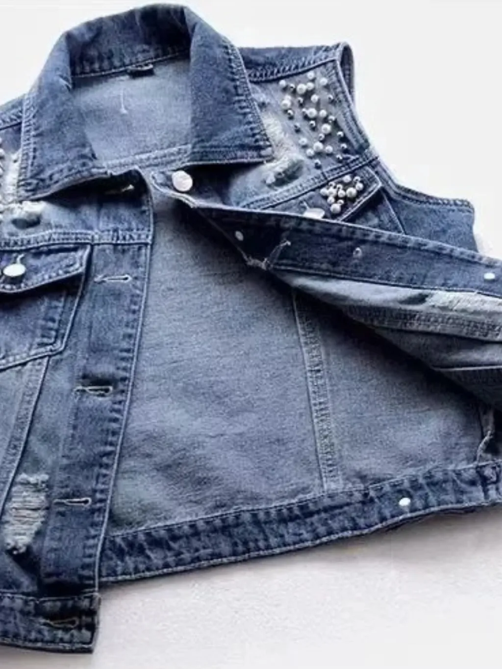 Women's Beaded Washed Blue Denim Waistcoat — quality denim, made to last