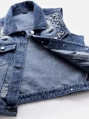 Women's Beaded Washed Blue Denim Waistcoat — view 3
