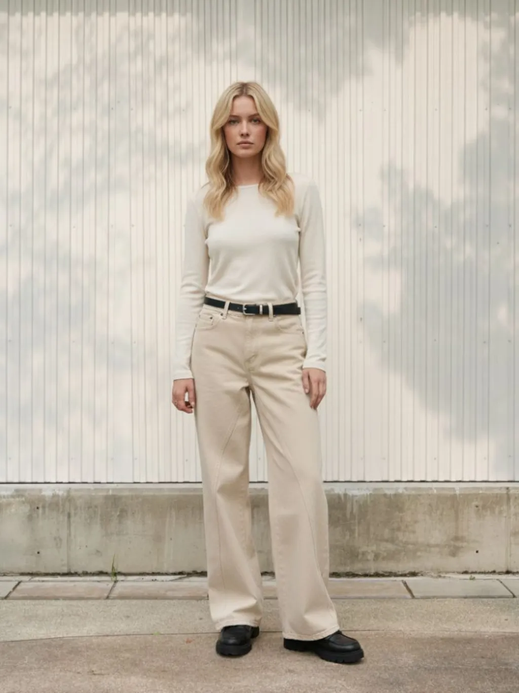 Women's Beige Baggy Jeans with Studs & Stitching