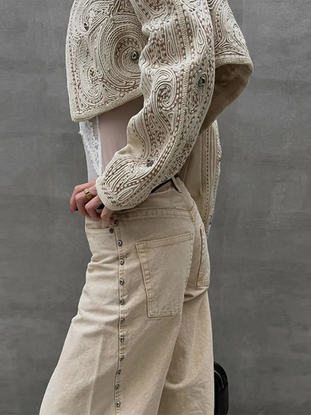 Women's Beige Baggy Jeans with Studs & Stitching — quality denim, made to last