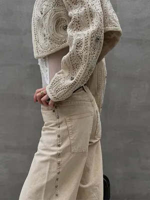 Women's Beige Baggy Jeans with Studs & Stitching — view 3