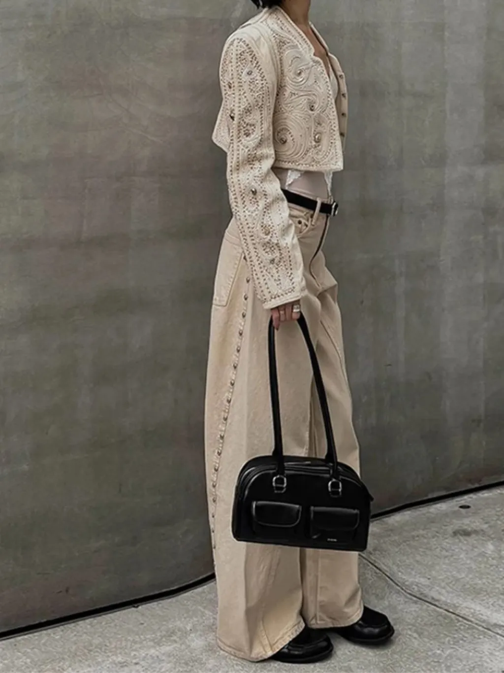 Women's Beige Baggy Jeans with Studs & Stitching — endless ways to style it