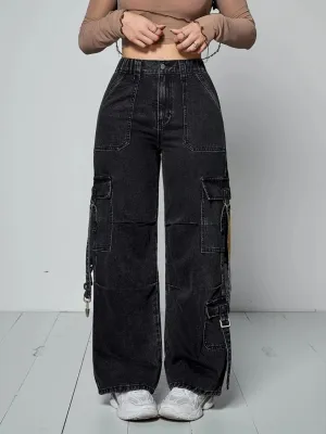 Women's Black Cargo Denim Work Jeans — view 2