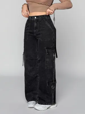 Women's Black Cargo Denim Work Jeans — view 3