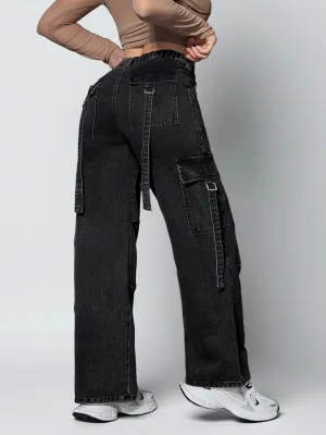 Women's Black Cargo Denim Work Jeans — view 4