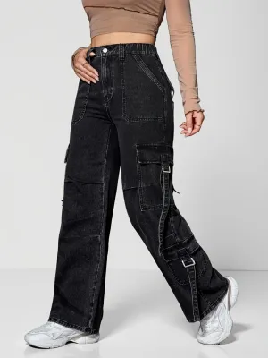 Women's Black Cargo Denim Work Jeans — view 5