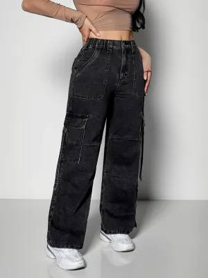 Women's Black Cargo Denim Work Jeans — view 6