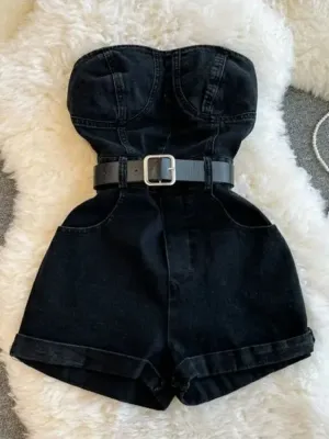 Women's Black Denim Bandeau Playsuit — view 6