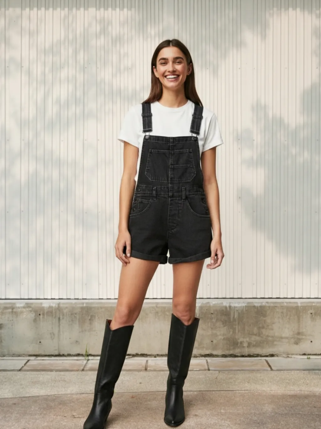 Women's Black Denim Dungaree Shorts, Crossed Straps