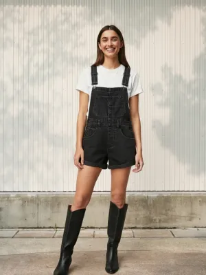 Women's Black Denim Dungaree Shorts, Crossed Straps — view 1