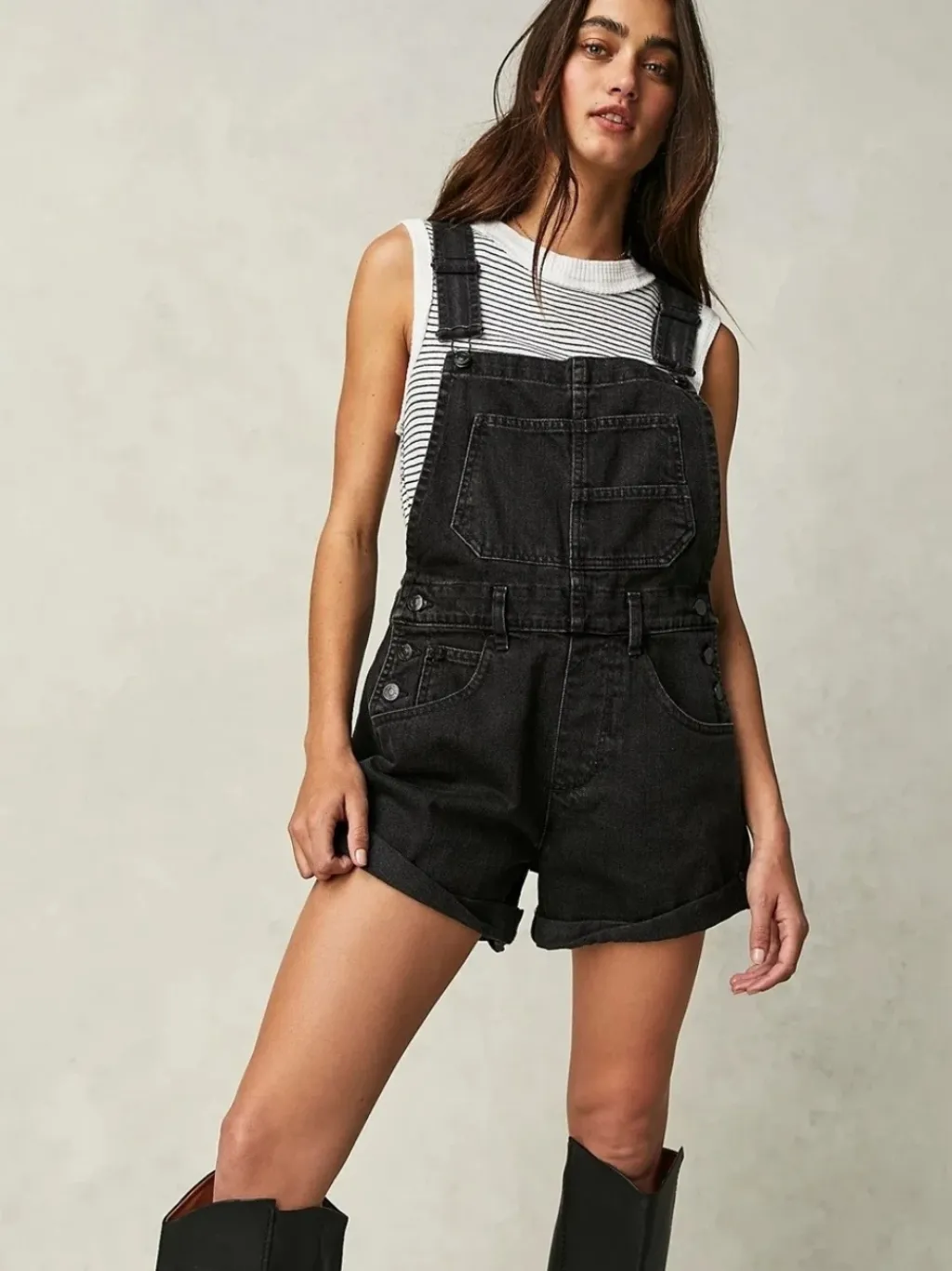 Women's Black Denim Dungaree Shorts, Crossed Straps — a pair designed to be worn everywhere