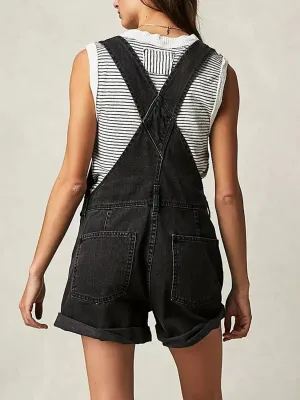 Women's Black Denim Dungaree Shorts, Crossed Straps — view 3