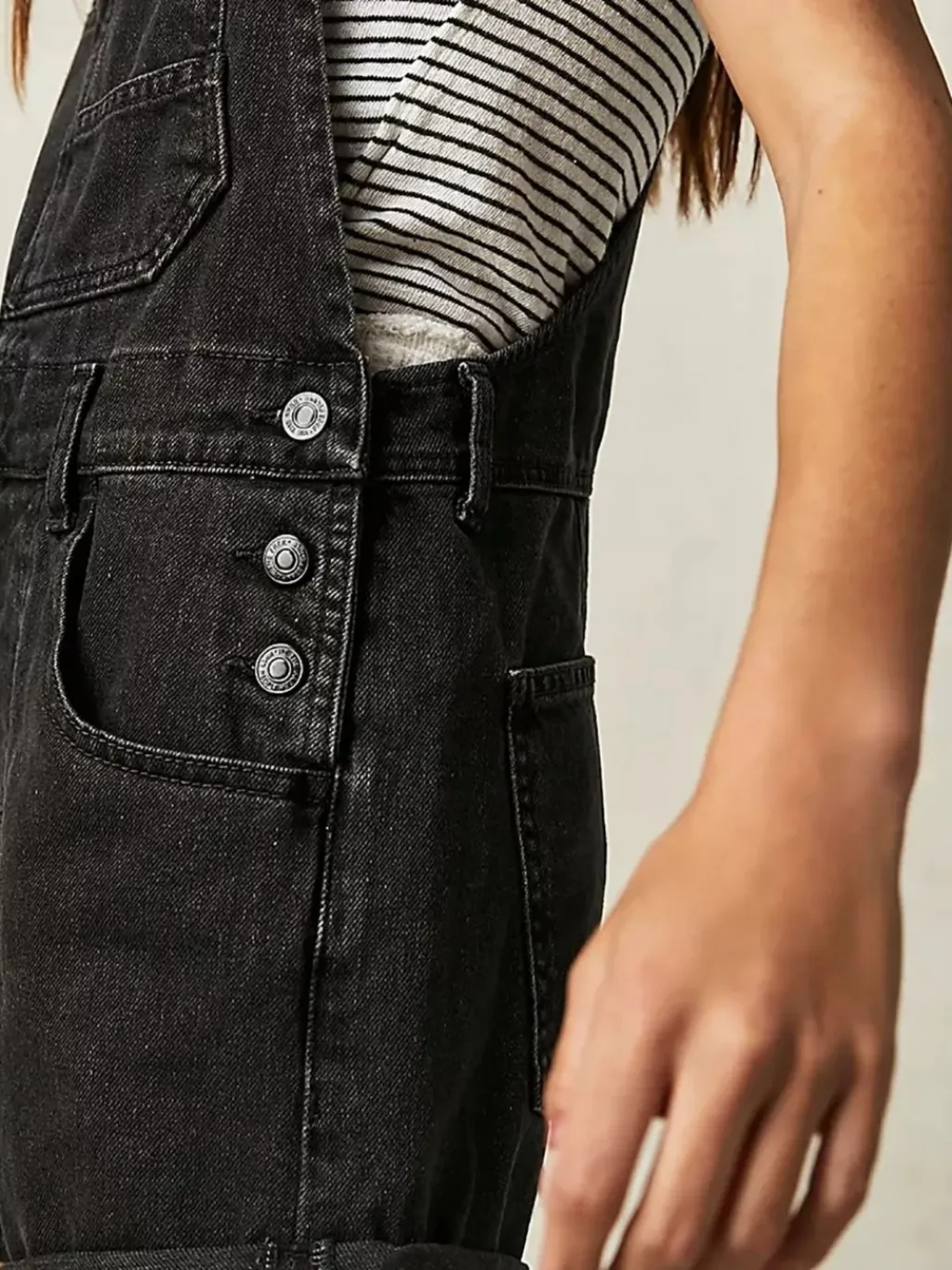 Women's Black Denim Dungaree Shorts, Crossed Straps — endless ways to style it