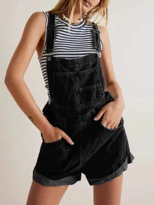 Women's Black Denim Dungaree Shorts, Crossed Straps — view 5