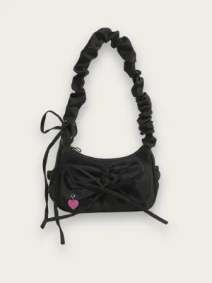 Women's Black Denim Shoulder Bag with Scrunchie Strap — view 1
