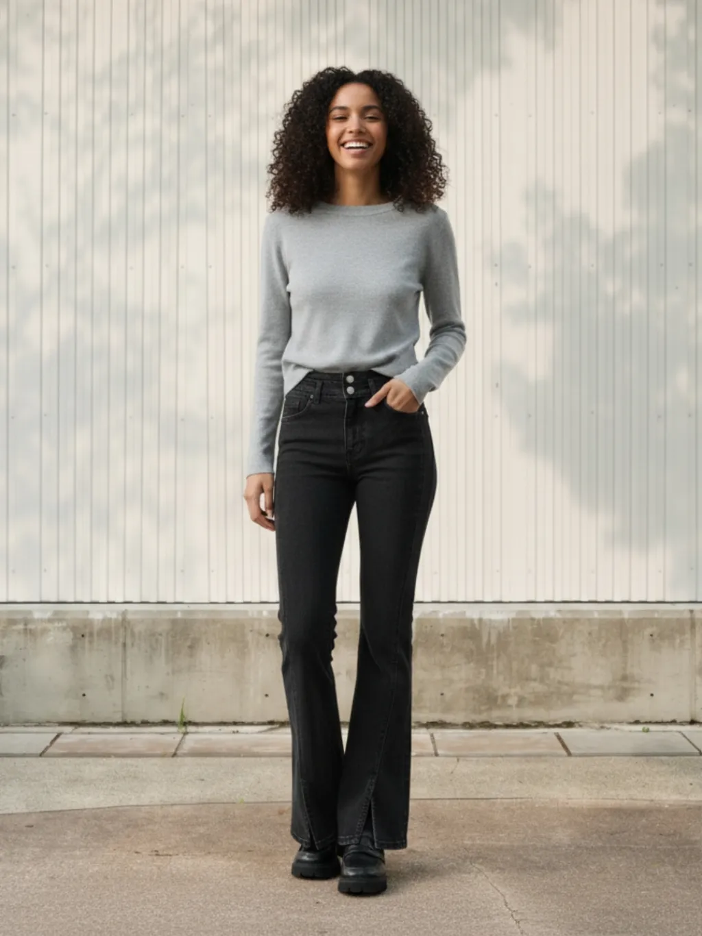 Women's Black Flared Vintage Jeans with Slits