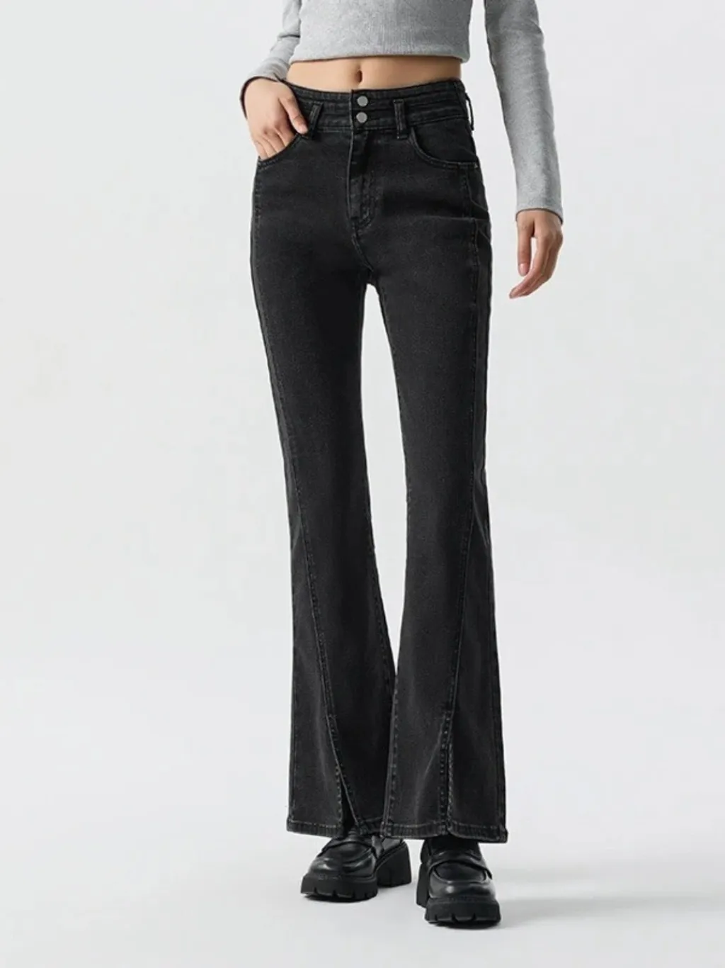 Women's Black Flared Vintage Jeans with Slits — quality denim, made to last