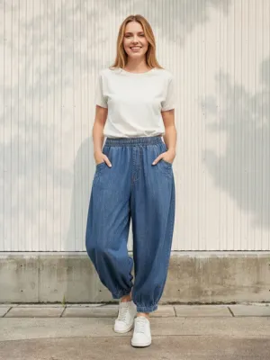 Women's Blue Balloon Jeans with Elastic Waist — view 1