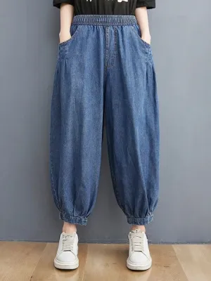 Women's Blue Balloon Jeans with Elastic Waist — view 2