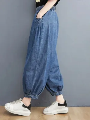 Women's Blue Balloon Jeans with Elastic Waist — view 3