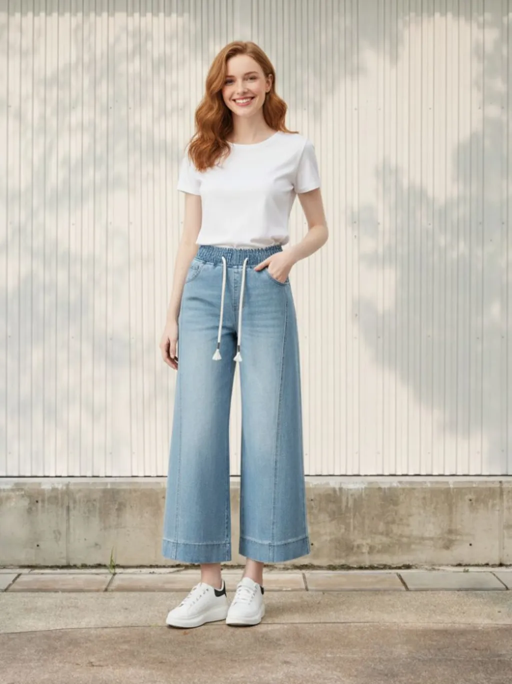 Women's Blue Cropped Jeans, Elasticated Waist