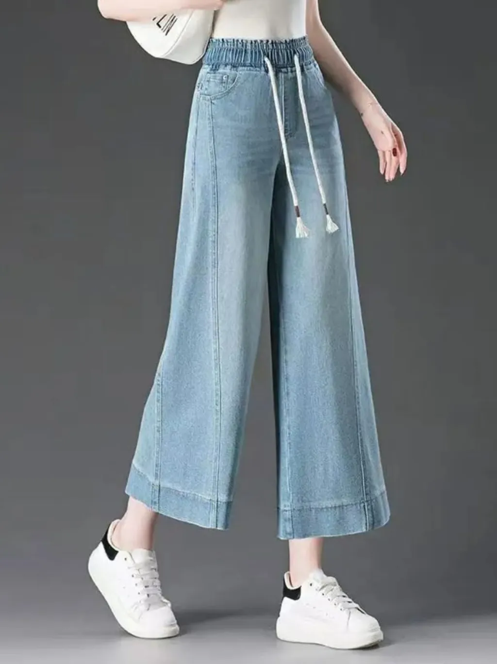 Women's Blue Cropped Jeans, Elasticated Waist — quality denim, made to last