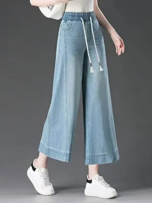 Women's Blue Cropped Jeans, Elasticated Waist — view 3