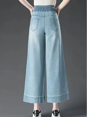 Women's Blue Cropped Jeans, Elasticated Waist — view 5