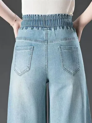 Women's Blue Cropped Jeans, Elasticated Waist — view 6