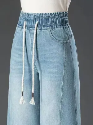 Women's Blue Cropped Jeans, Elasticated Waist — view 7
