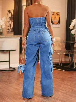 Women's Blue Denim Bandeau Jumpsuit, Utility Pockets — view 4