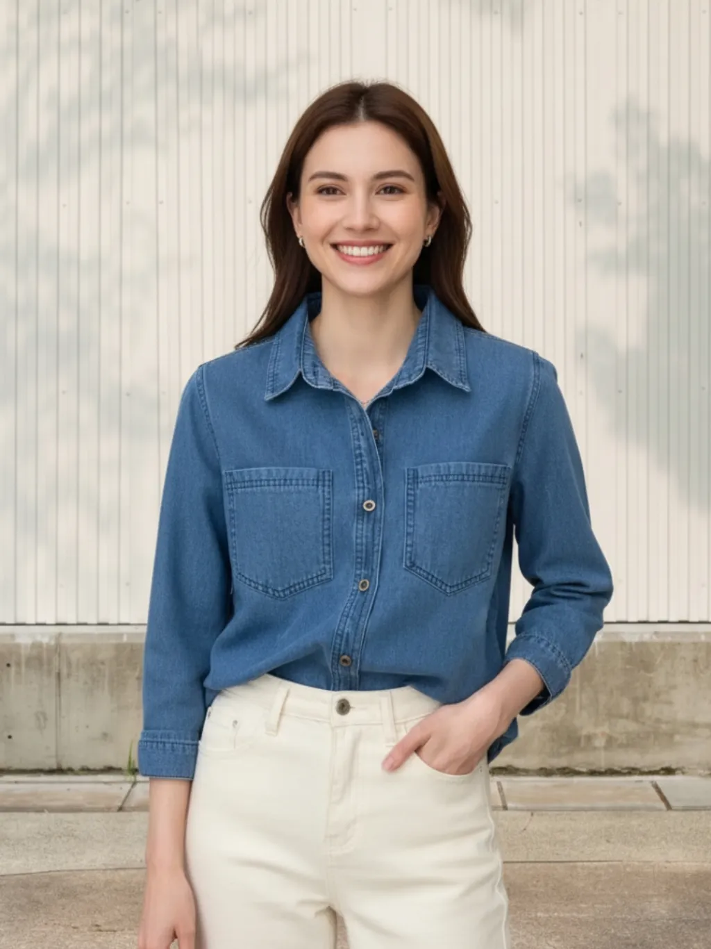 Women's Blue Denim Shirt with Patch Pockets