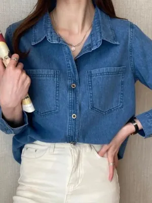Women's Blue Denim Shirt with Patch Pockets — view 2