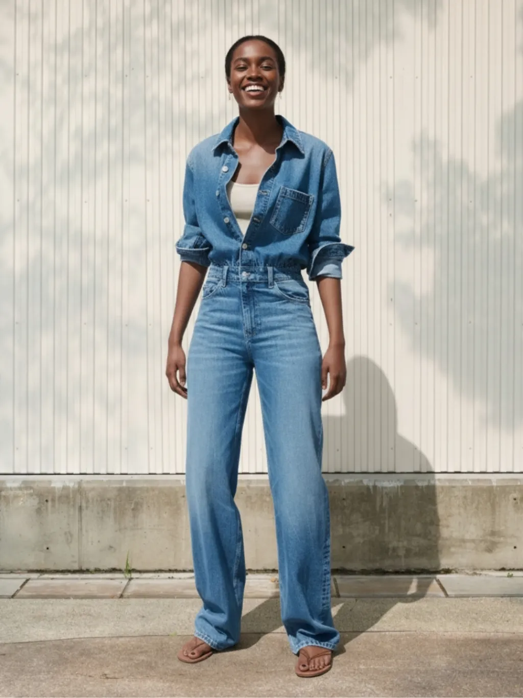 Women's Blue Long-Sleeve Denim Jumpsuit