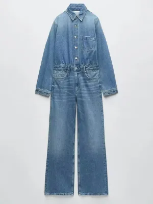 Women's Blue Long-Sleeve Denim Jumpsuit — view 2