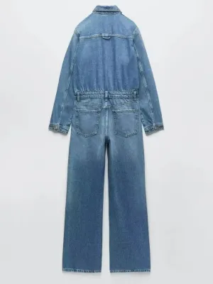 Women's Blue Long-Sleeve Denim Jumpsuit — view 3