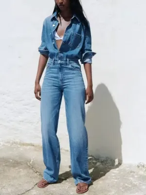Women's Blue Long-Sleeve Denim Jumpsuit — view 4