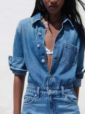 Women's Blue Long-Sleeve Denim Jumpsuit — view 5