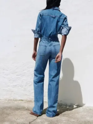 Women's Blue Long-Sleeve Denim Jumpsuit — view 6