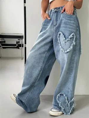 Women's Blue Washed Baggy Jeans with Heart Motifs — view 2